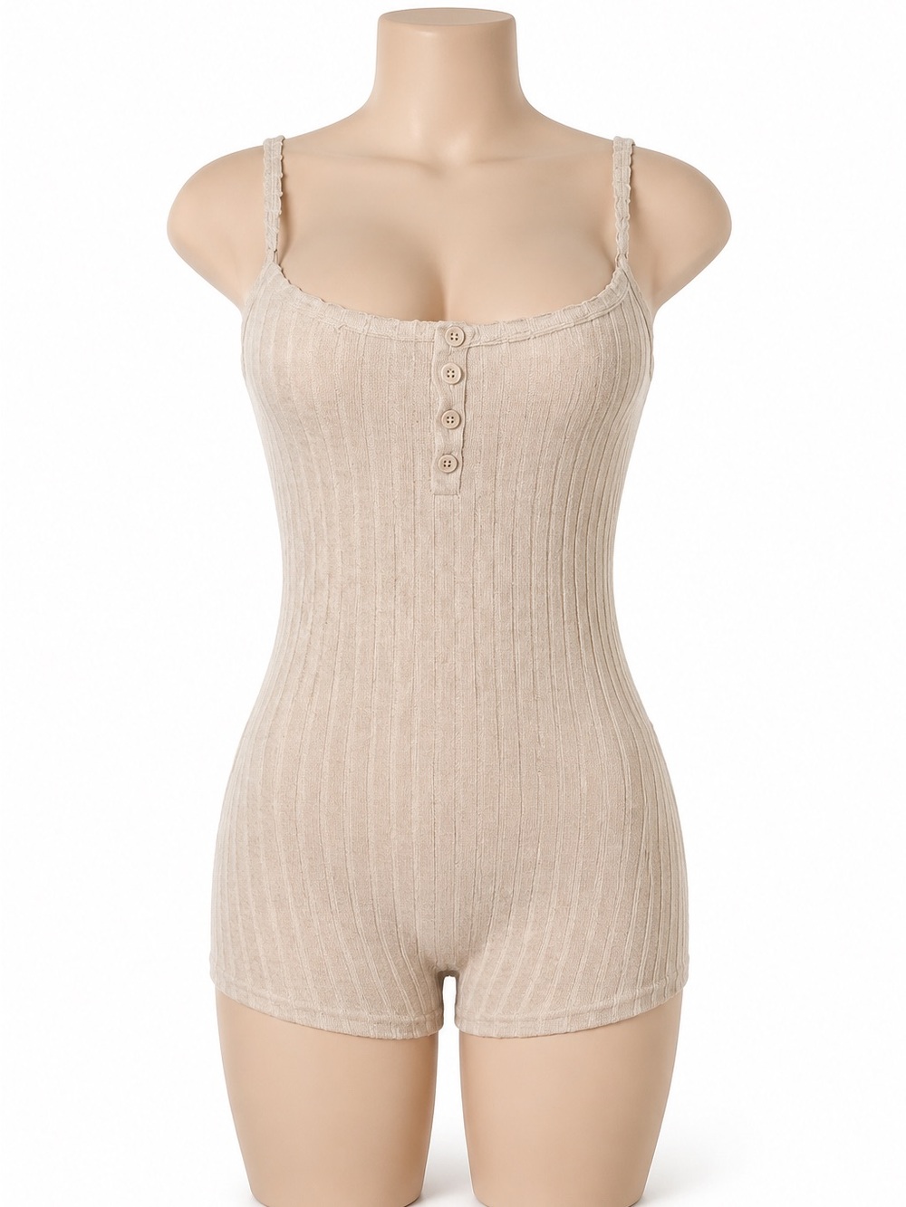 SHEIN Beige Ribbed Knit Camisole Romper with Button Front